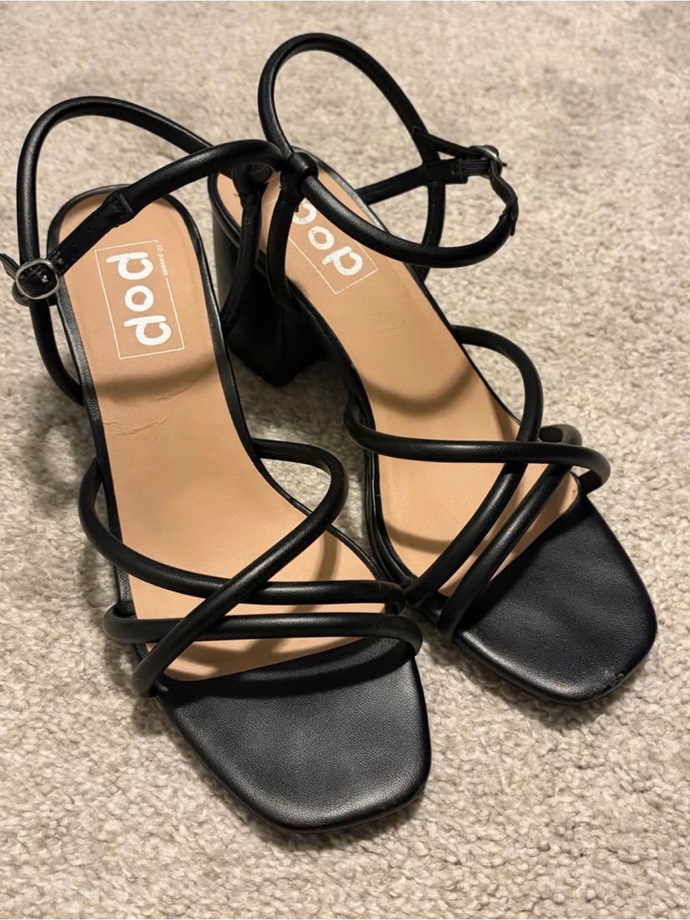 pop Black Strappy Square-Toe Block Heels